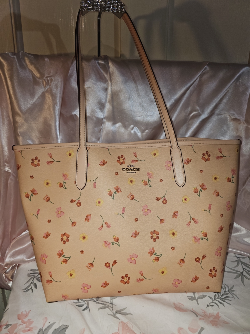 Coach Peach Floral Print Leather City Tote -